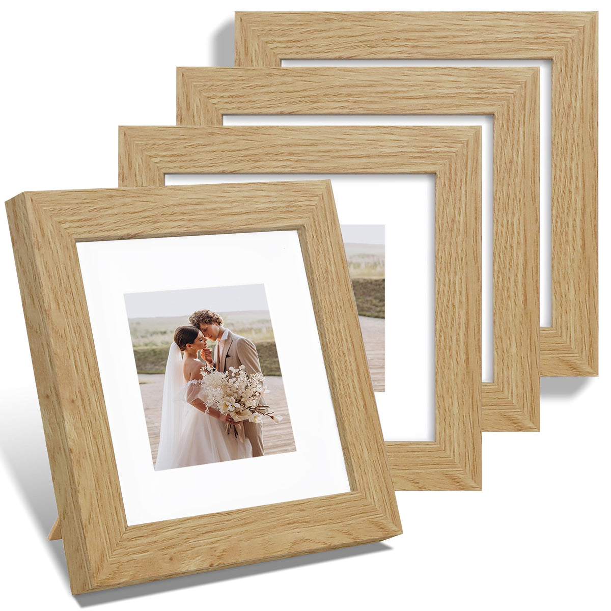 Hongkee 8x10 Picture Frame Set of 4, Real Glass and Wood Frame, 5x7 Mat