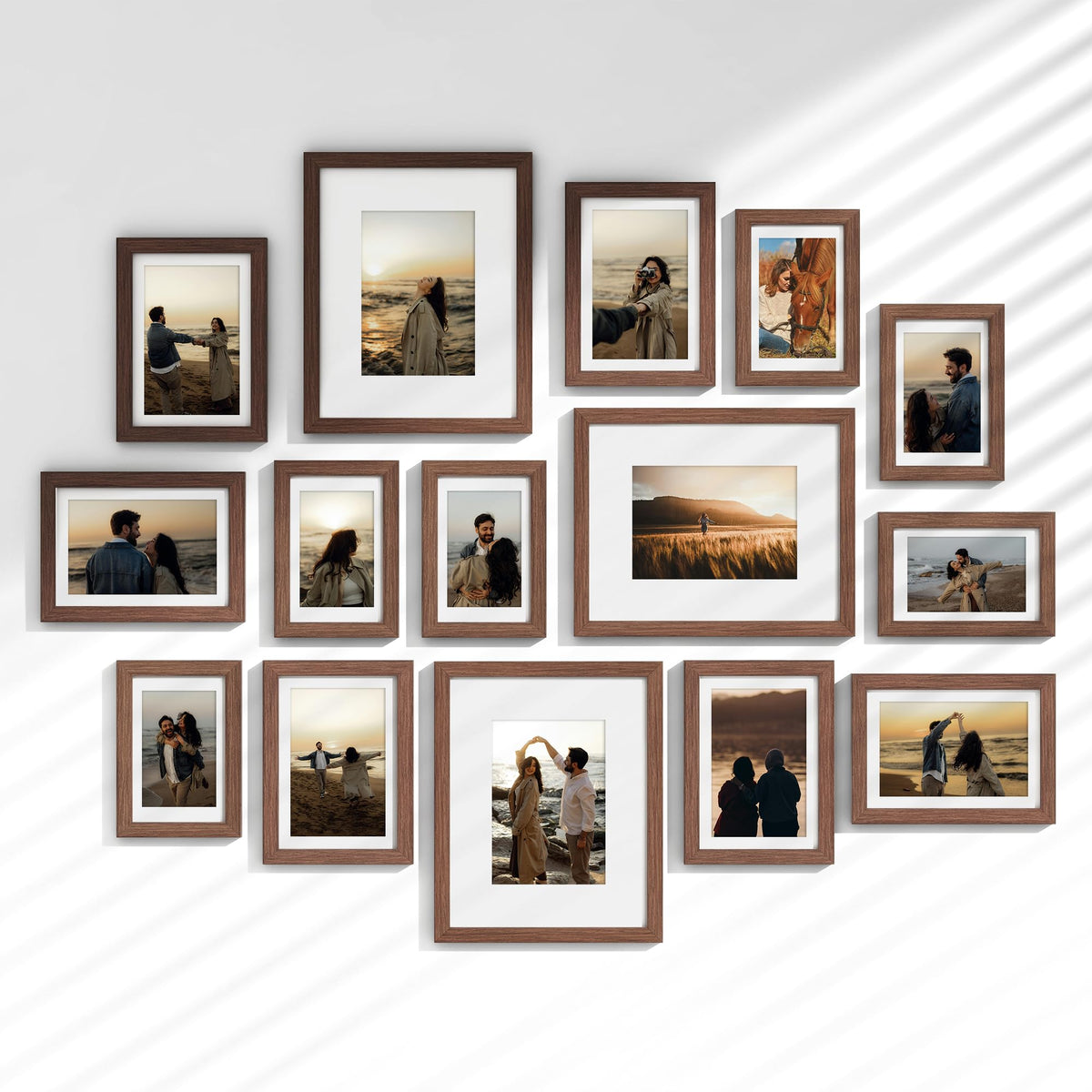 Venusmiles 15 Pack Picture Frames Collage Wall Decor, Gallery Frame Set for Wall Mounting or Tabletop Display, Multi Sizes Including 3pcs 8x10, 6pcs 5x7, 6pcs 4x6, Oak