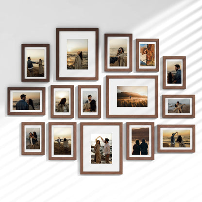 Venusmiles 15 Pack Picture Frames Collage Wall Decor, Gallery Frame Set for Wall Mounting or Tabletop Display, Multi Sizes Including 3pcs 8x10, 6pcs 5x7, 6pcs 4x6, Oak