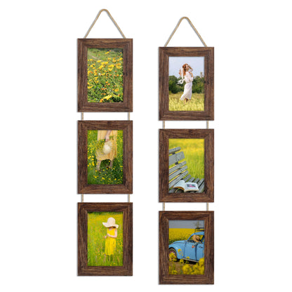 4x6 Collage Picture Frames Set of 2, Rustic Wooden Real Glass Vertical Hanging 3 Opening 4 by 6 Photo Frame, Rustic Brown