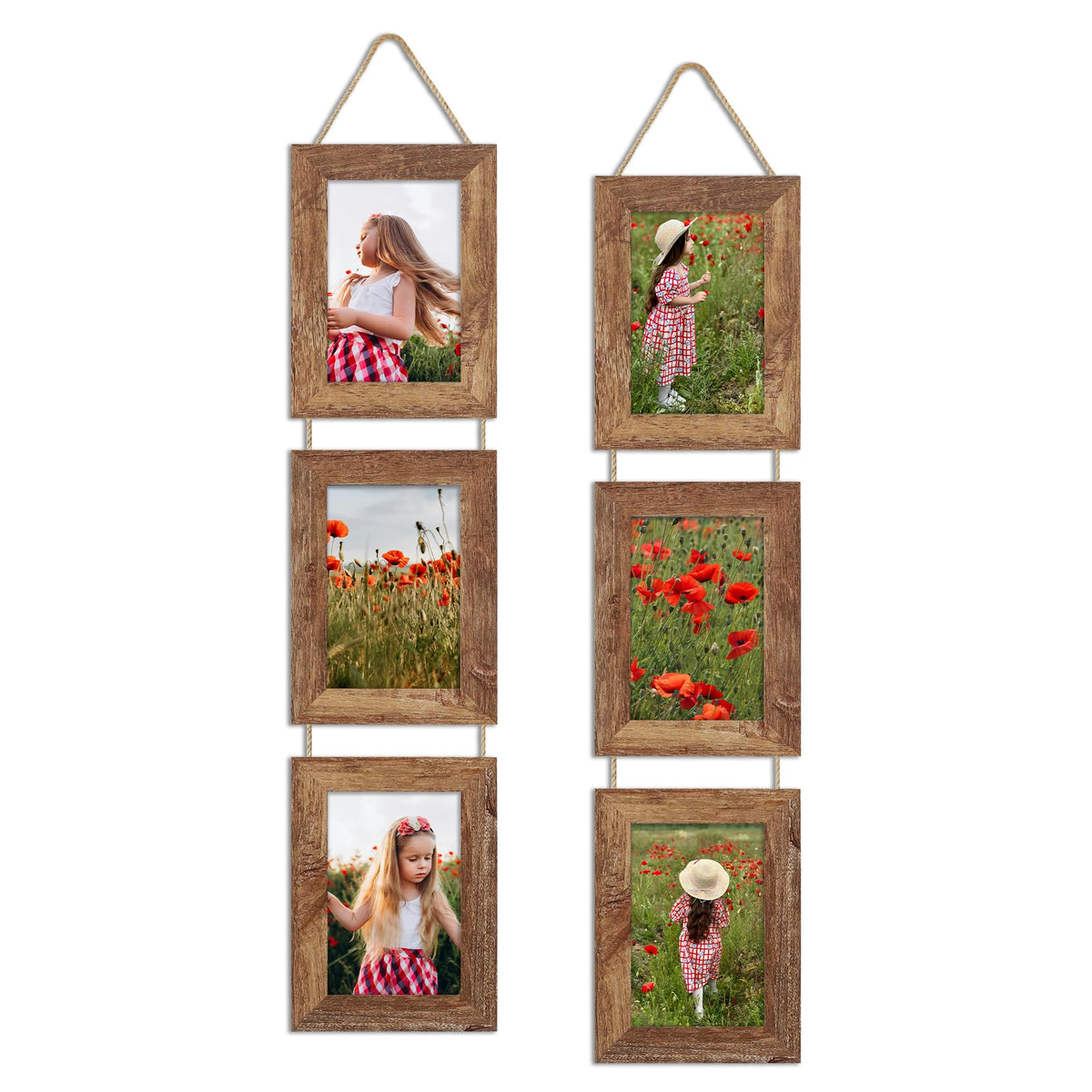 4x6 Collage Picture Frames Set of 2, Rustic Wooden Real Glass Vertical Hanging 3 Opening 4 by 6 Photo Frame, Rustic Brown