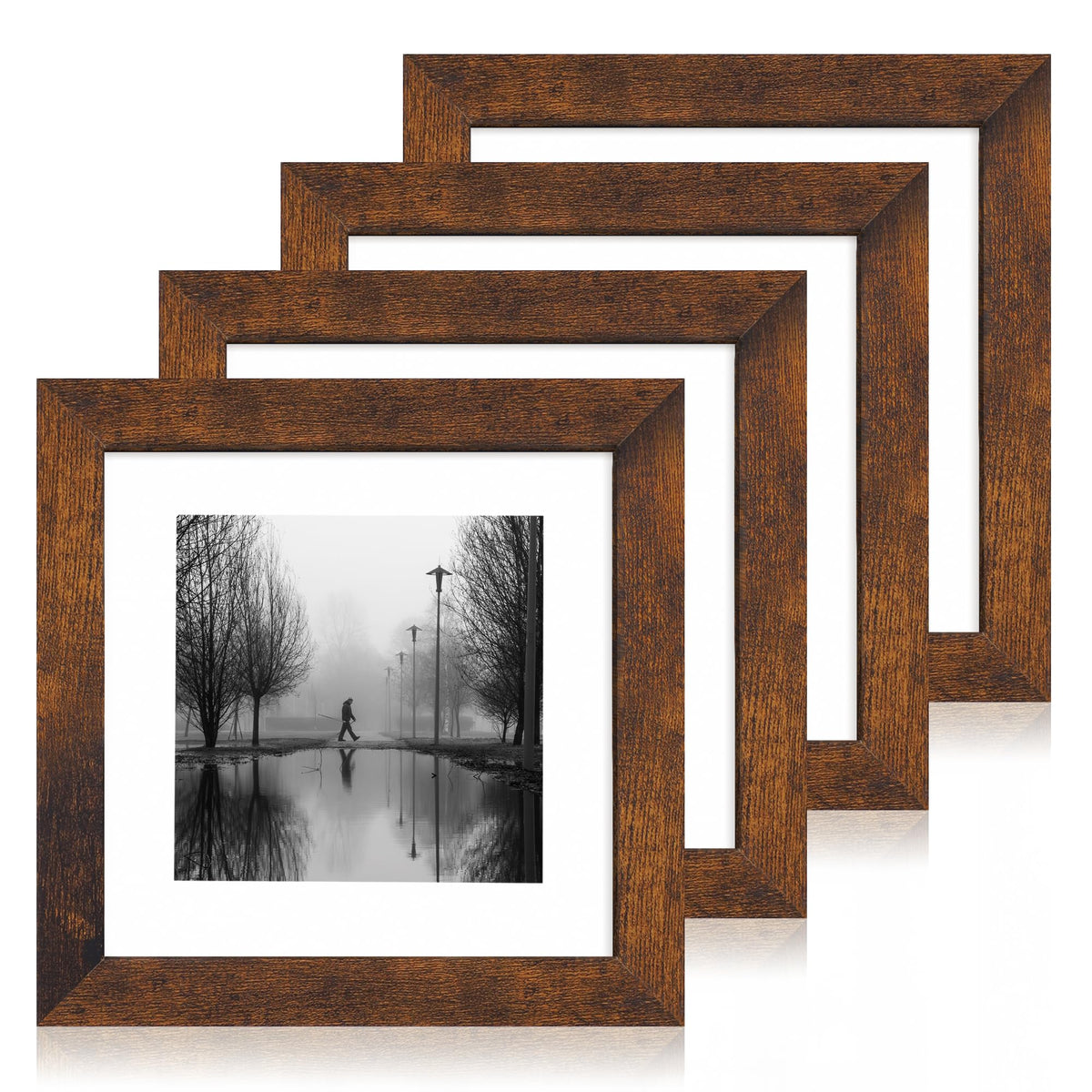 iRahmen 8x10 Picture Frame Set of 4, High Definition Real Glass Rustic Brown Frame, 8 x 10 Wood Photo Frames for Desktop Display and Wall Mounting