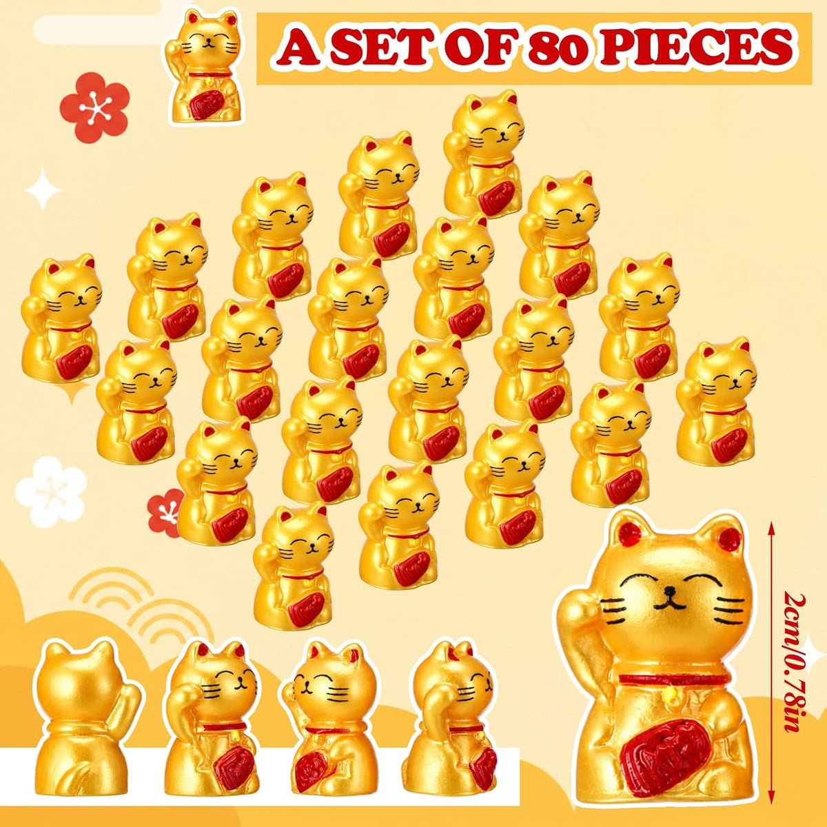 Soulchen 50 Pcs Mini Resin Cat Figurines Lucky Statue Welcome Cat Gold