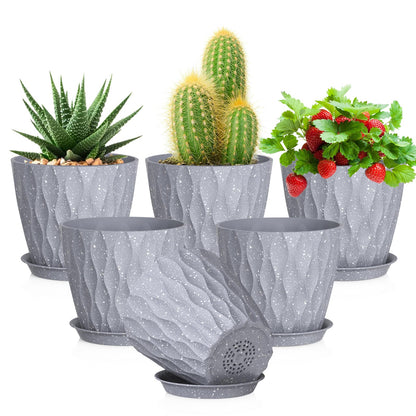 Meowell 4 inch Small Plastic Nursery Pots, 5 Pack Water Ripples Plant Pots for Indoor Plants, Flower Pots with Drainage Holes and Saucers, Seedling Starter Planters for Succulent Plants, White