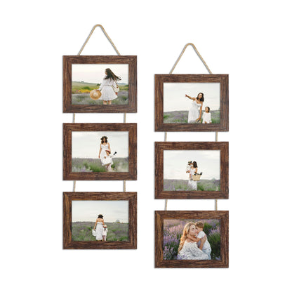 4x6 Collage Picture Frames Set of 2, Rustic Wooden Real Glass Vertical Hanging 3 Opening 4 by 6 Photo Frame, Rustic Brown