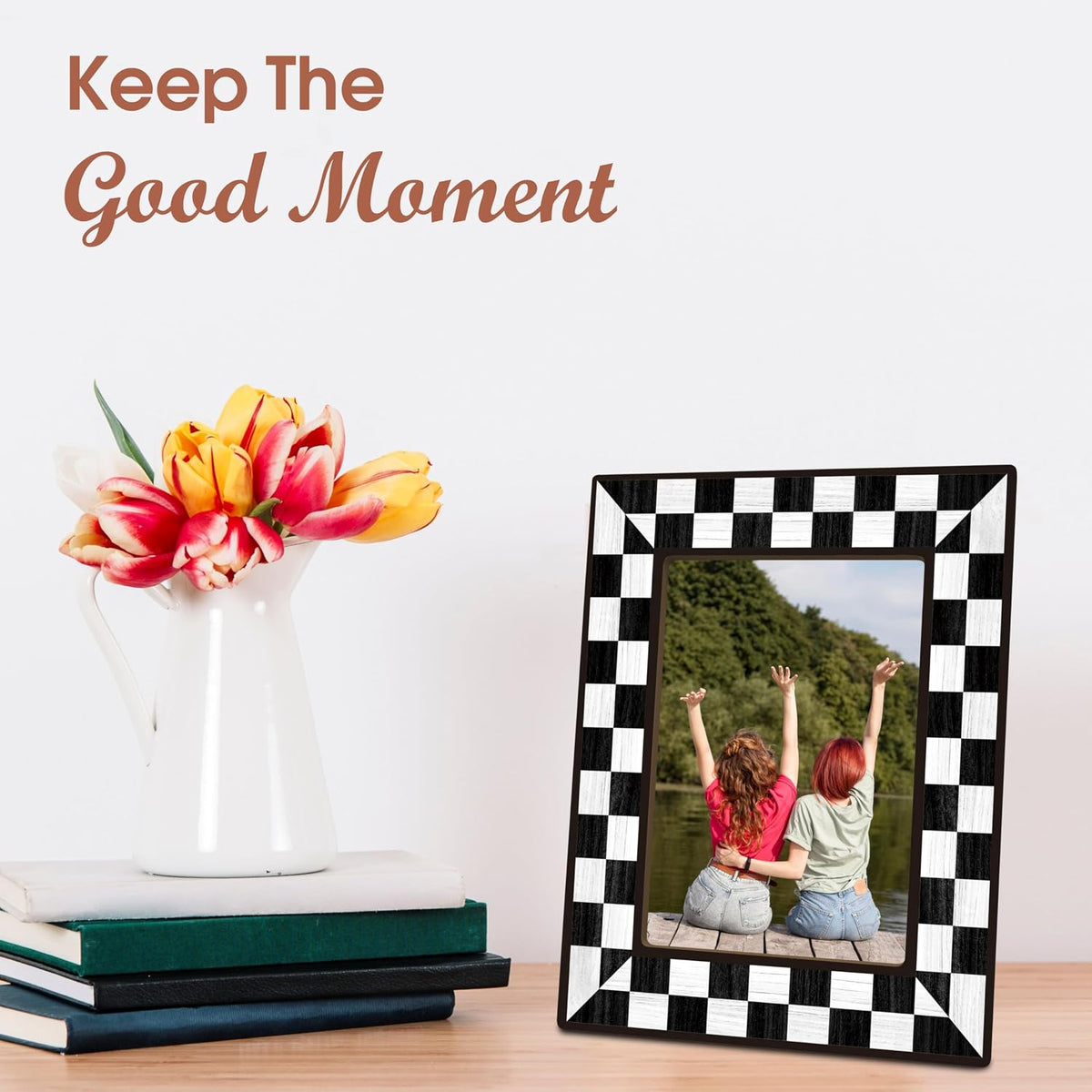 Black Checkerboard Picture Frame 4x6, Modern Wooden Photo Frame with Stand, Aesthetic Room Decor for Bedroom, Dorm Room, Apartment & Office (A02)