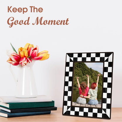 Black Checkerboard Picture Frame 4x6, Modern Wooden Photo Frame with Stand, Aesthetic Room Decor for Bedroom, Dorm Room, Apartment & Office (A02)