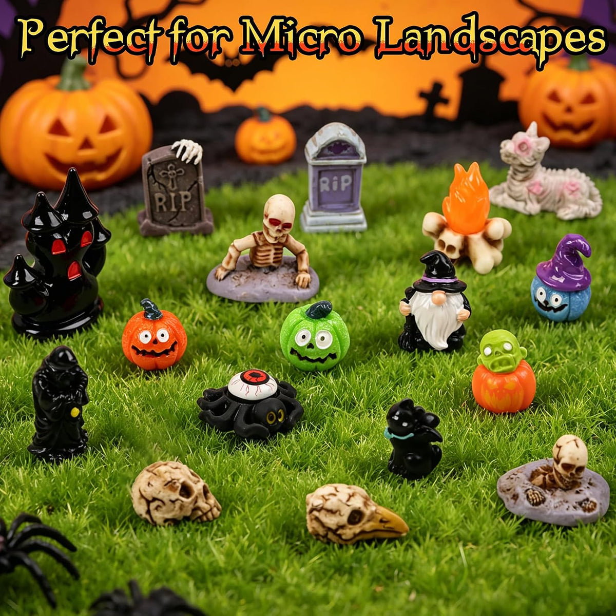 KIMOBER 36 Pcs Halloween Mini Resin Figures, Mixed Mini Figurines with Pumpkin Ghost Skull Designs, Tiny Resin Figures for Halloween Tree, Party Favors, Miniature Decorations