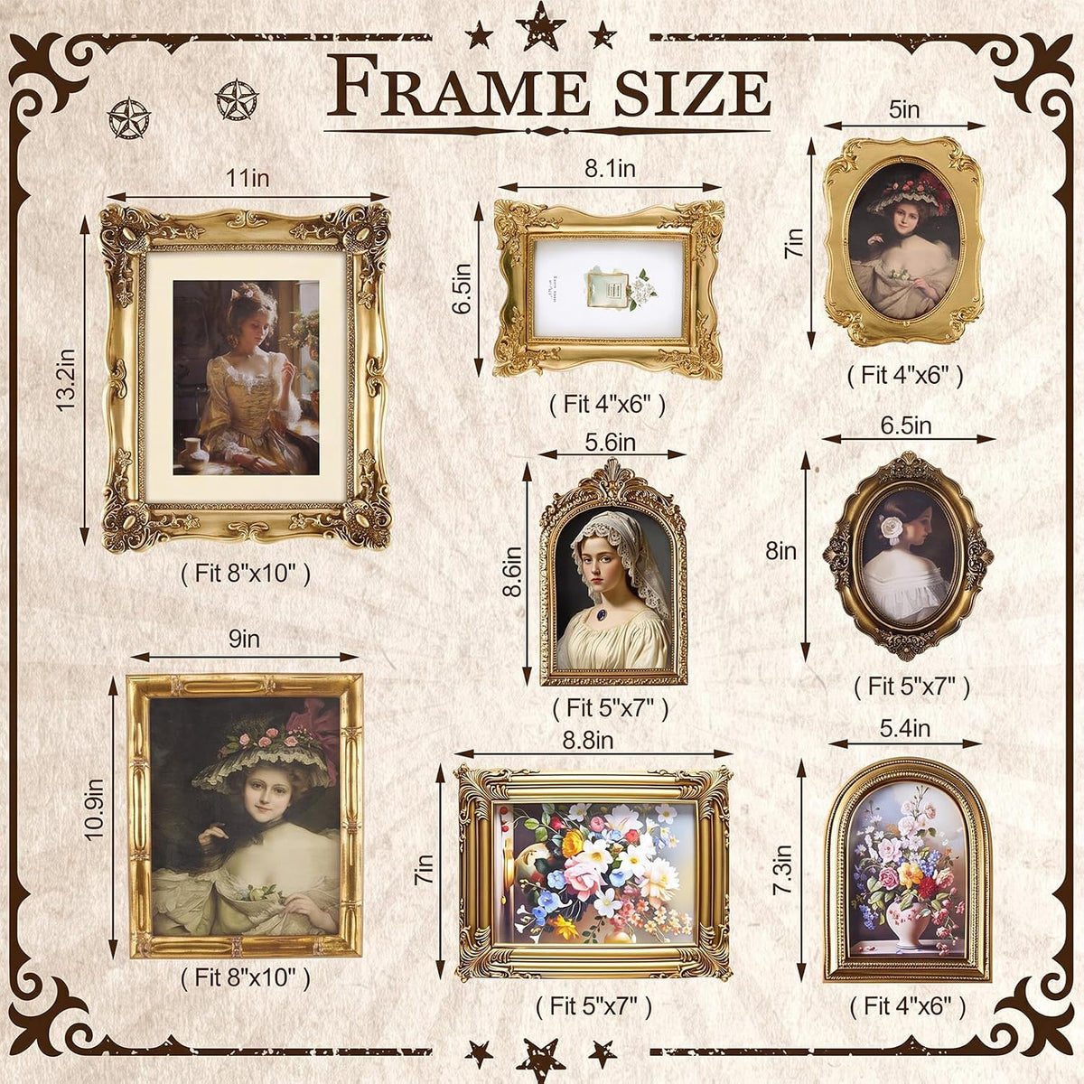 Lineshading 8 Pcs Vintage Picture Frames Set for Gallery Wall, Antique Gold