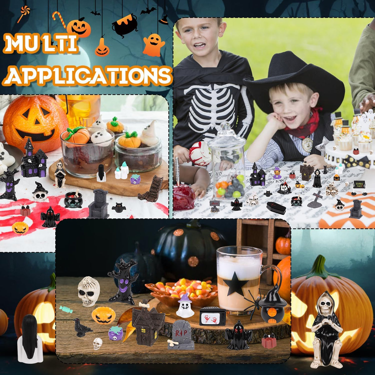 CCINEE 48pcs Halloween Mini Resin Figurines for Crafts, Miniature Skull Ghost Pumpkin Figures to Hide Tiny Village Collections Bulk for Holiday Party Favor Table Indoor Garden Dollhouse Decorations