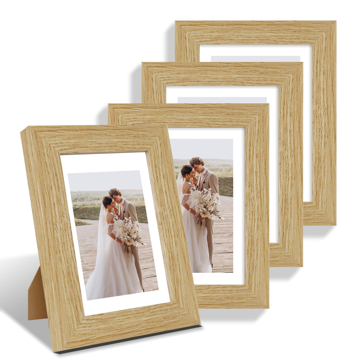 Hongkee 8x10 Picture Frame Set of 4, Real Glass and Wood Frame, 5x7 Mat