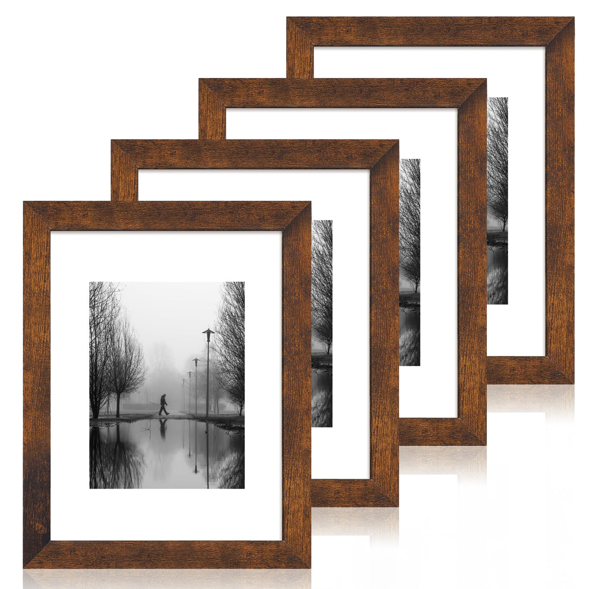 iRahmen 8x10 Picture Frame Set of 4, High Definition Real Glass Rustic Brown Frame, 8 x 10 Wood Photo Frames for Desktop Display and Wall Mounting