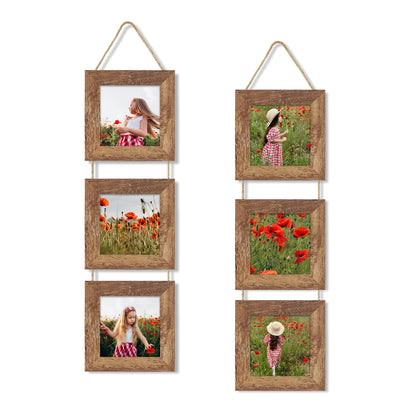 4x6 Collage Picture Frames Set of 2, Rustic Wooden Real Glass Vertical Hanging 3 Opening 4 by 6 Photo Frame, Rustic Brown
