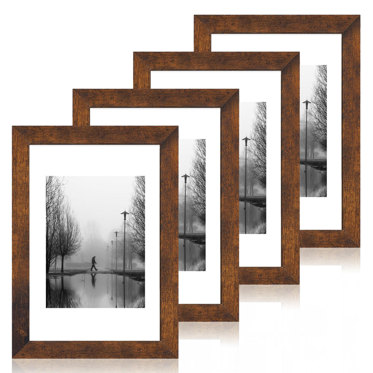 iRahmen 8x10 Picture Frame Set of 4, High Definition Real Glass Rustic Brown Frame, 8 x 10 Wood Photo Frames for Desktop Display and Wall Mounting