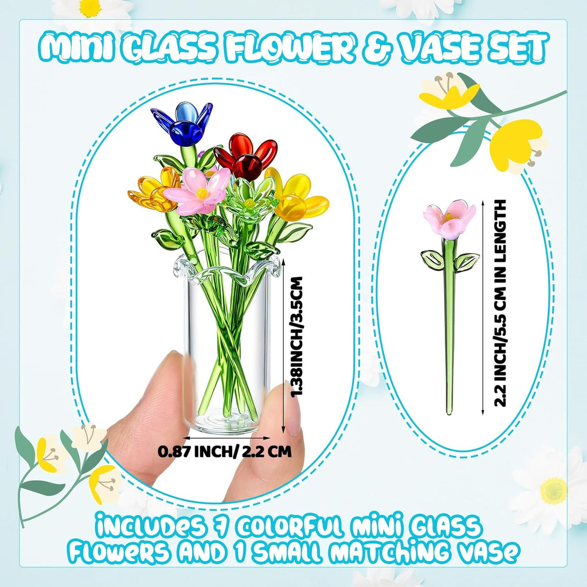 8 Pcs Mini Glass Flowers with Vase Set Small Crystal Bouquet