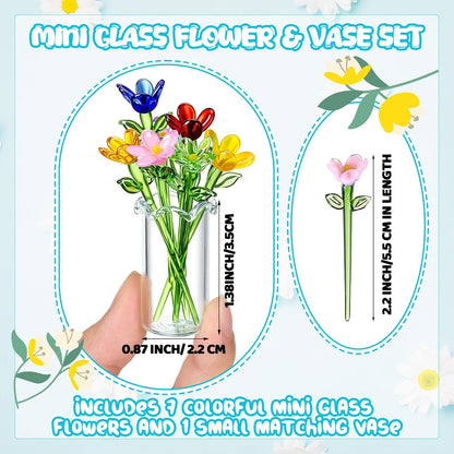 8 Pcs Mini Glass Flowers with Vase Set Small Crystal Bouquet
