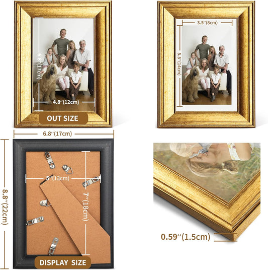 SYNTRIFIC 5x7 Picture Frame Set of 6, Vintage Gold Photo Frame, Home Decor