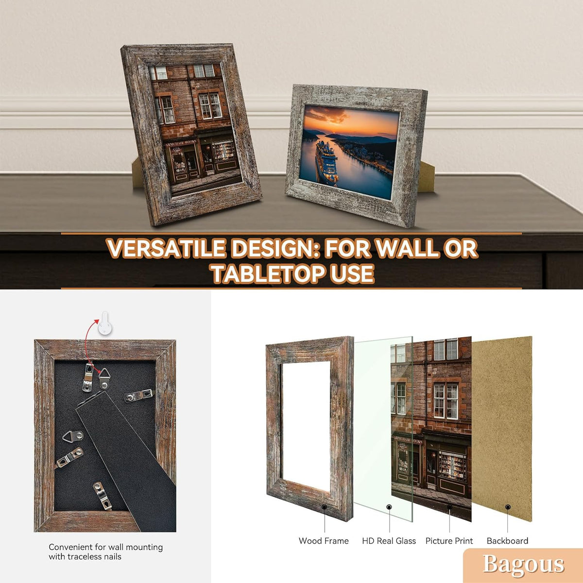 4x6 Picture Frames Set of 8, Vintage Rustic Farmhouse Industrial Style Photo Frames, High Definition Real Glass, for Tabletop or Wall Hanging