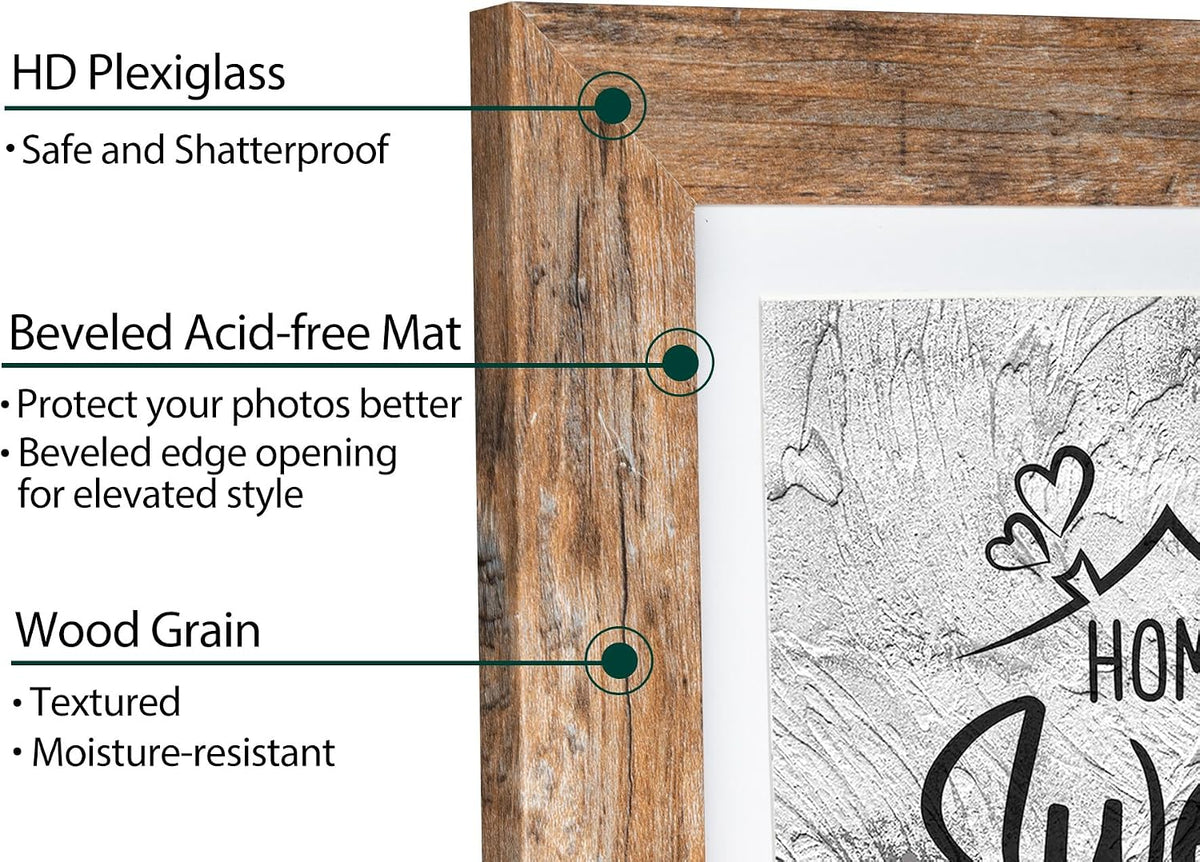 Califortree 5x7 Picture Frame - Can Display Photo 4x6 with Mat, Wood Frame with Shatterproof Plexiglass, Wall & Tabletop Display, Rustic Brown