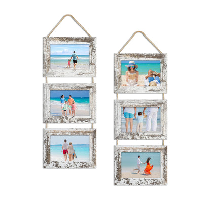 4x6 Collage Picture Frames Set of 2, Rustic Wooden Real Glass Vertical Hanging 3 Opening 4 by 6 Photo Frame, Rustic Brown