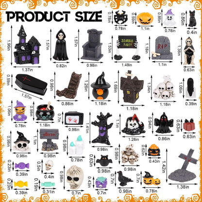 CCINEE 48pcs Halloween Mini Resin Figurines for Crafts, Miniature Skull Ghost Pumpkin Figures to Hide Tiny Village Collections Bulk for Holiday Party Favor Table Indoor Garden Dollhouse Decorations
