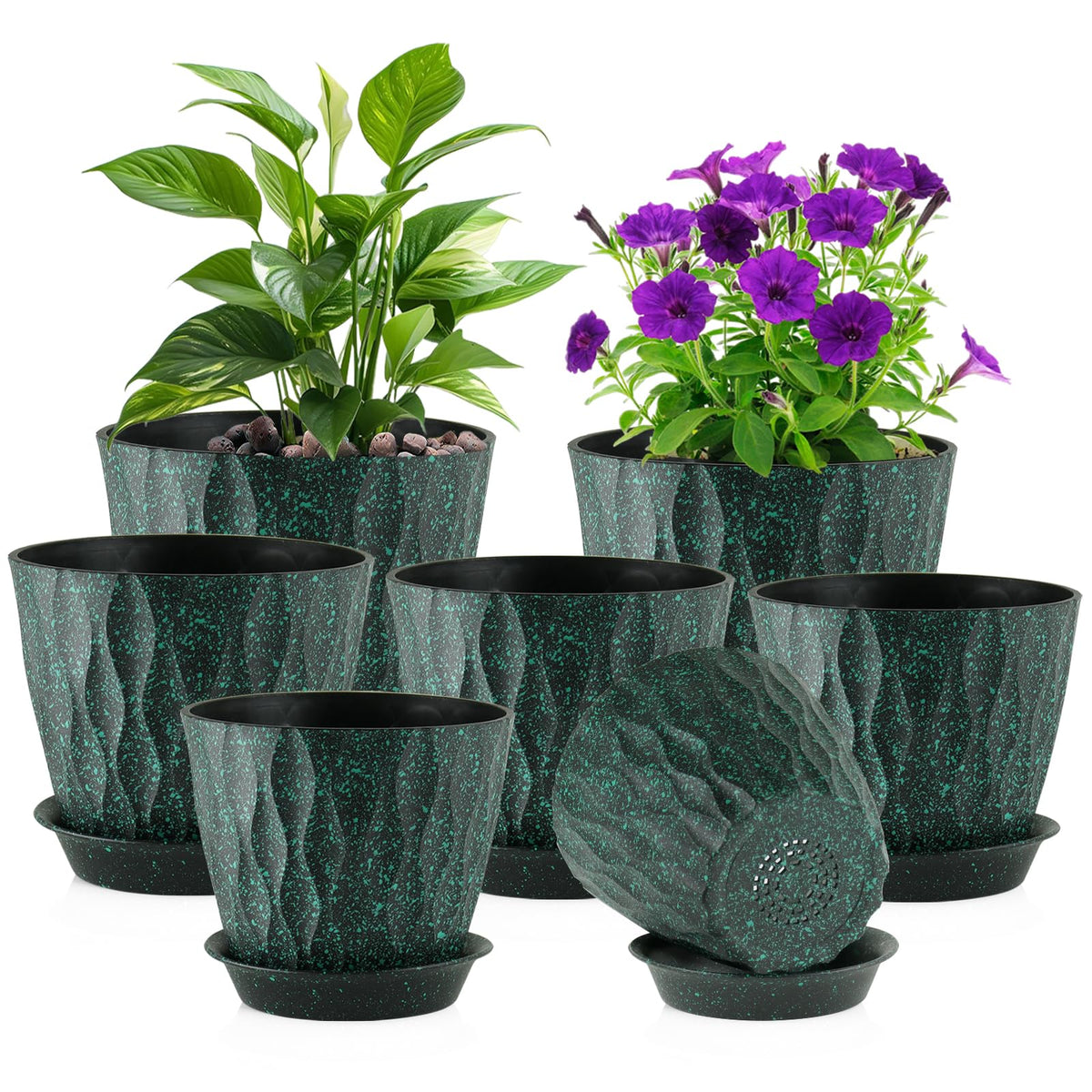 Meowell 4 inch Small Plastic Nursery Pots, 5 Pack Water Ripples Plant Pots for Indoor Plants, Flower Pots with Drainage Holes and Saucers, Seedling Starter Planters for Succulent Plants, White