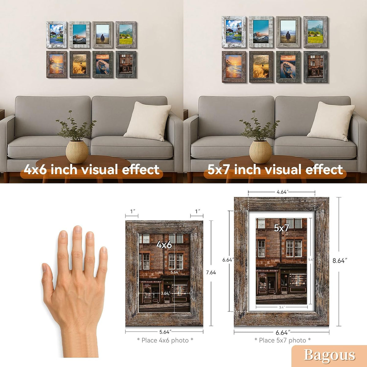 4x6 Picture Frames Set of 8, Vintage Rustic Farmhouse Industrial Style Photo Frames, High Definition Real Glass, for Tabletop or Wall Hanging