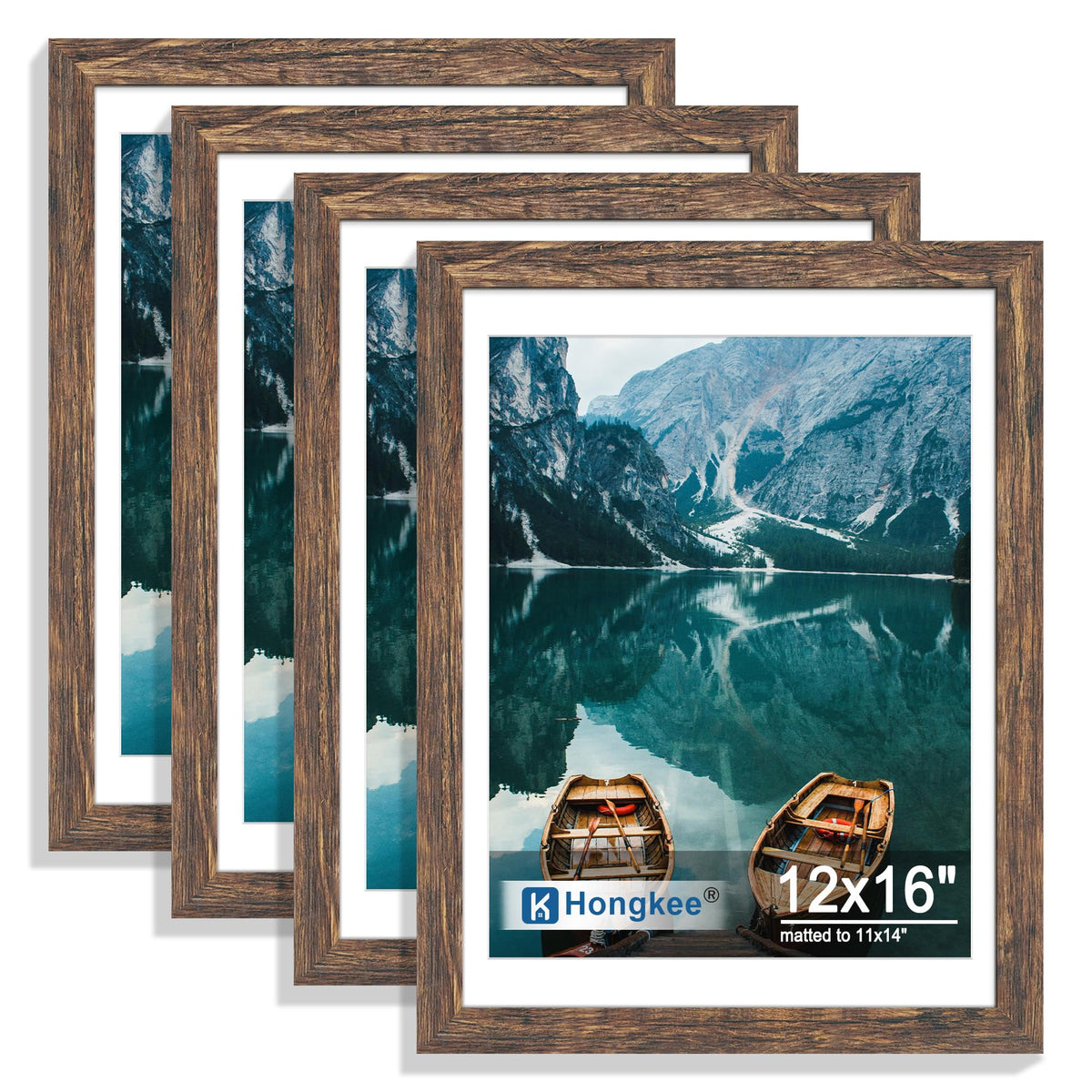 Hongkee 8x10 Picture Frame Set of 4, Real Glass and Wood Frame, 5x7 Mat