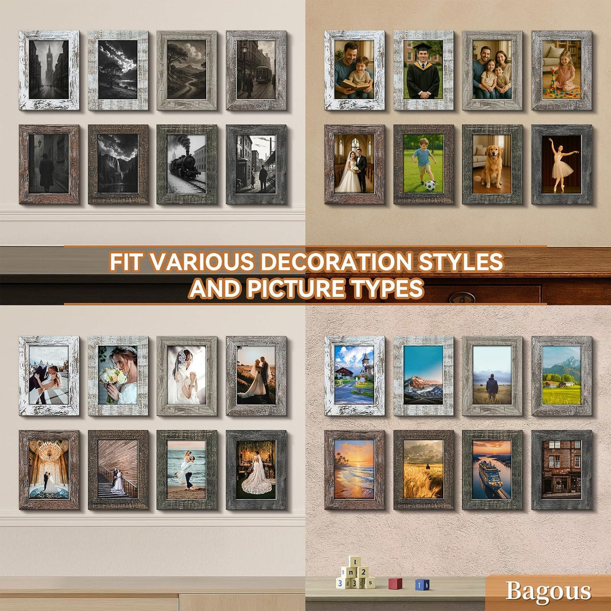 4x6 Picture Frames Set of 8, Vintage Rustic Farmhouse Industrial Style Photo Frames, High Definition Real Glass, for Tabletop or Wall Hanging