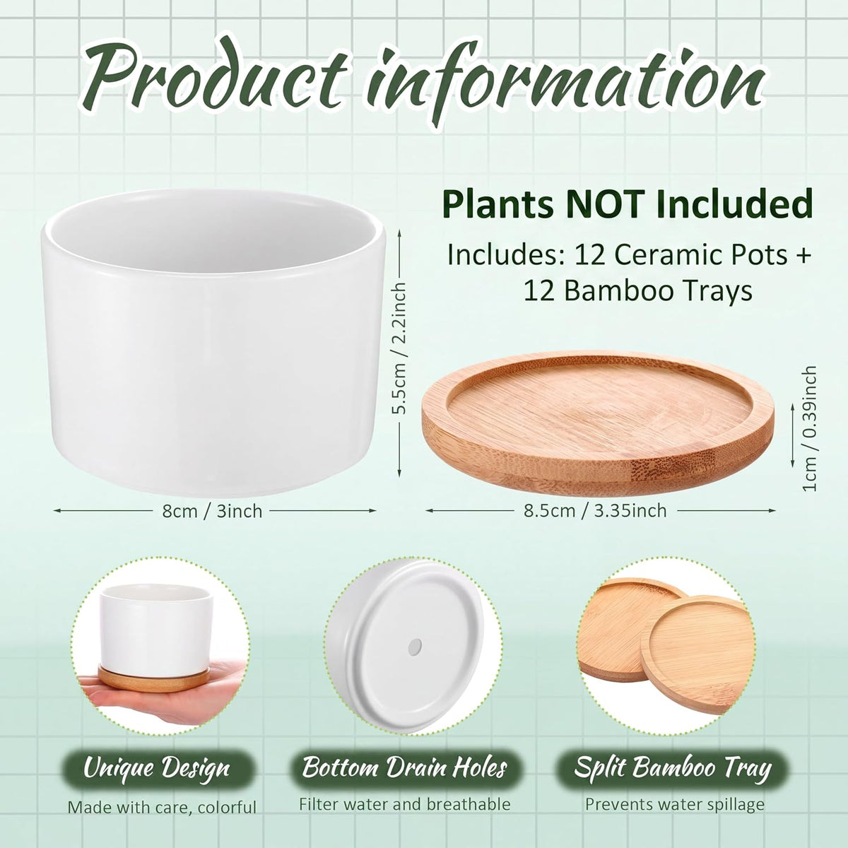 Cindeer 12 Sets Succulent Plant Pot Ceramic Succulent Pots Container Cactus Pots with Bamboo Tray Small Cylinder Flower Plant Pot with Bamboo Saucers for Plants Indoor Outdoor(White,3 x 2.17 Inch)