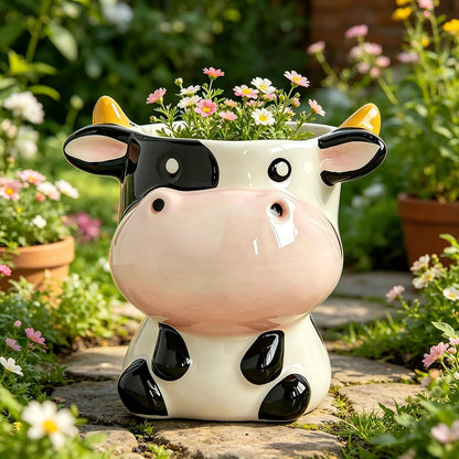 Cute Animal Ceramic Planter Pot, Small Glossy Cartoon Cow Shaped