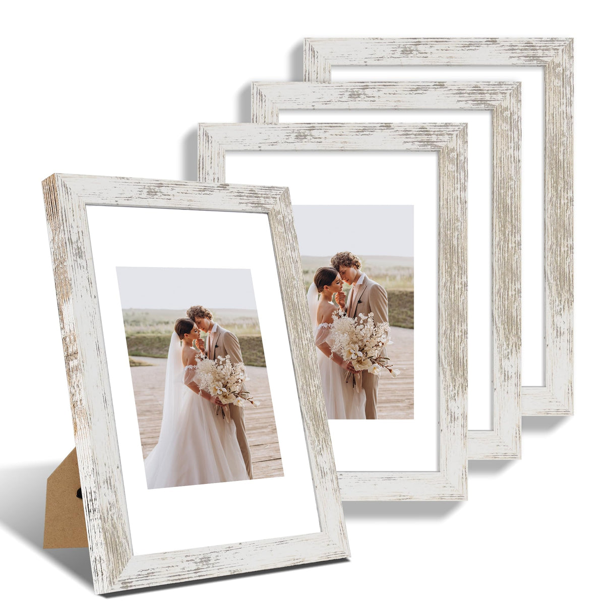 Hongkee 8x10 Picture Frame Set of 4, Real Glass and Wood Frame, 5x7 Mat