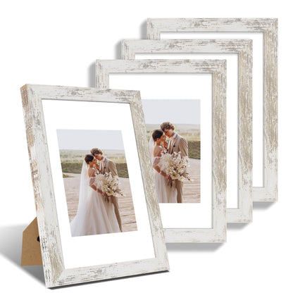 Hongkee 8x10 Picture Frame Set of 4, Real Glass and Wood Frame, 5x7 Mat