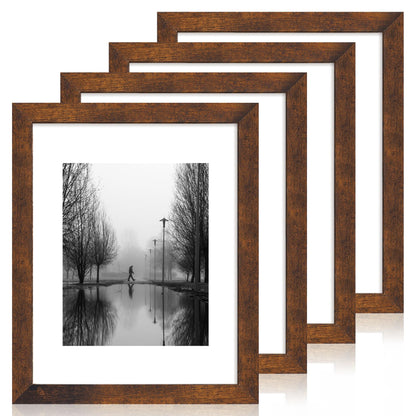 iRahmen 8x10 Picture Frame Set of 4, High Definition Real Glass Rustic Brown Frame, 8 x 10 Wood Photo Frames for Desktop Display and Wall Mounting