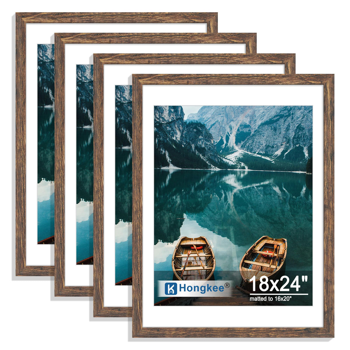 Hongkee 8x10 Picture Frame Set of 4, Real Glass and Wood Frame, 5x7 Mat