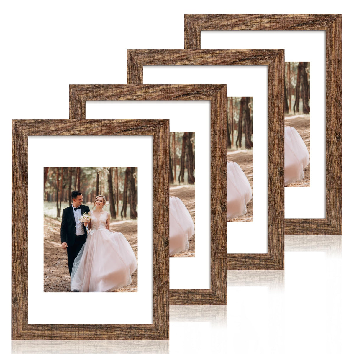 iRahmen 8x10 Picture Frame Set of 4, High Definition Real Glass Rustic Brown Frame, 8 x 10 Wood Photo Frames for Desktop Display and Wall Mounting