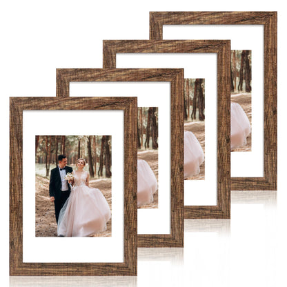 iRahmen 8x10 Picture Frame Set of 4, High Definition Real Glass Rustic Brown Frame, 8 x 10 Wood Photo Frames for Desktop Display and Wall Mounting