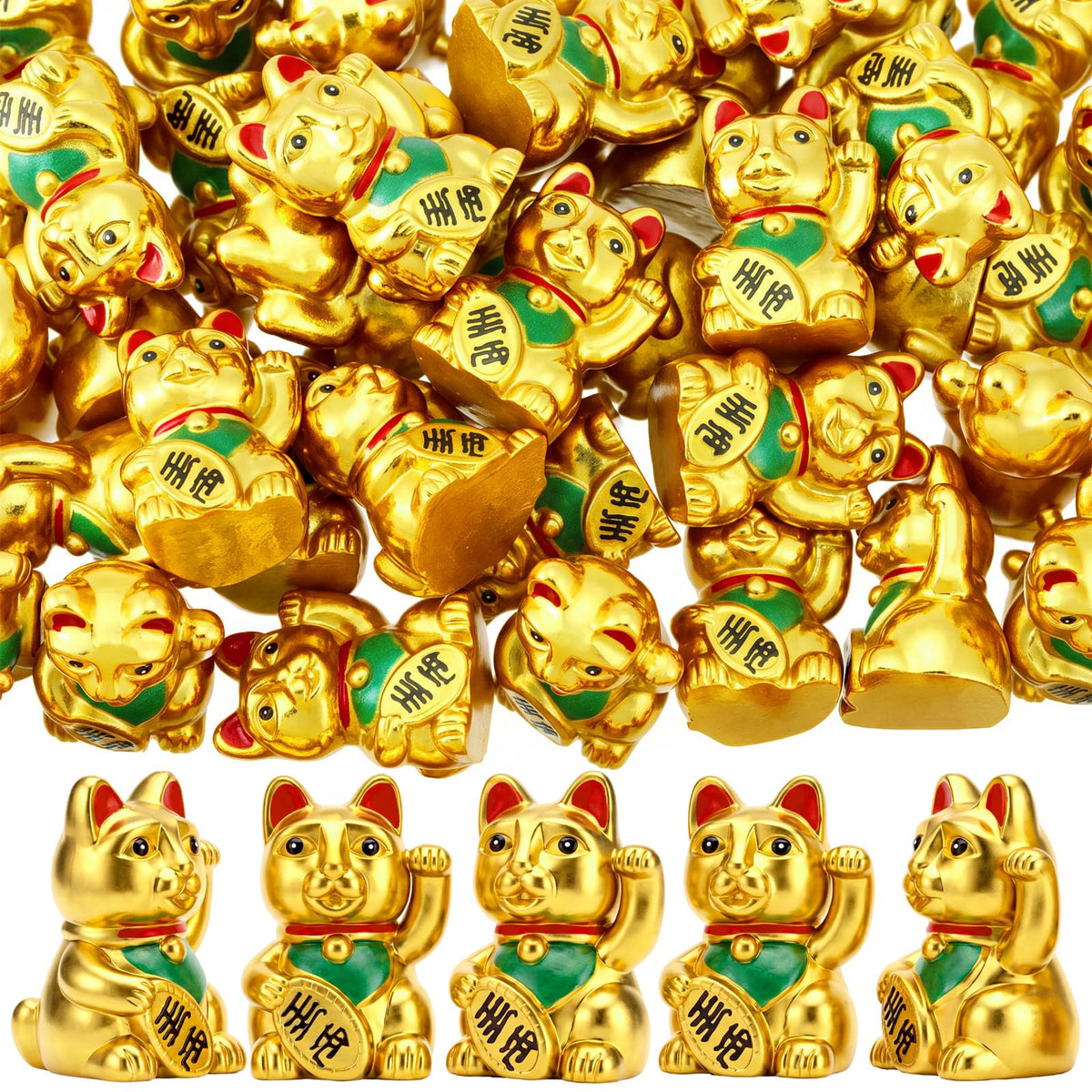 Soulchen 50 Pcs Mini Resin Cat Figurines Lucky Statue Welcome Cat Gold
