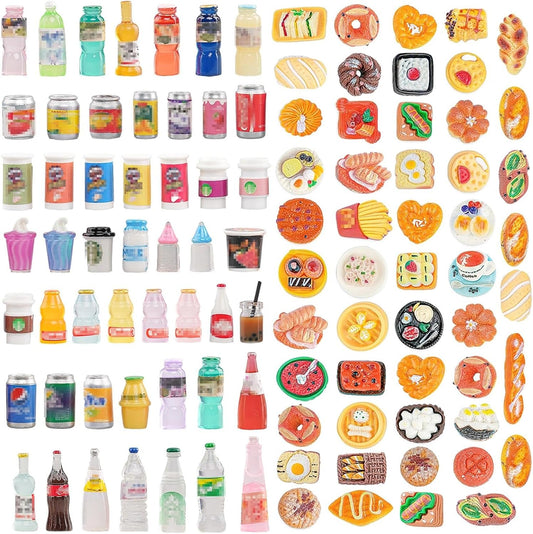 100 Pcs Miniature Food Drink Bottles Soda Pop Cola Cans Pretend Play Kitchen Game Party Accessories Toys Cake Ice Cream for 1/12 Doll House Mixed Mini Resin Figures Favor Toy Dollhouse Decorations