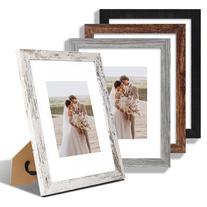 Hongkee 8x10 Picture Frame Set of 4, Real Glass and Wood Frame, 5x7 Mat