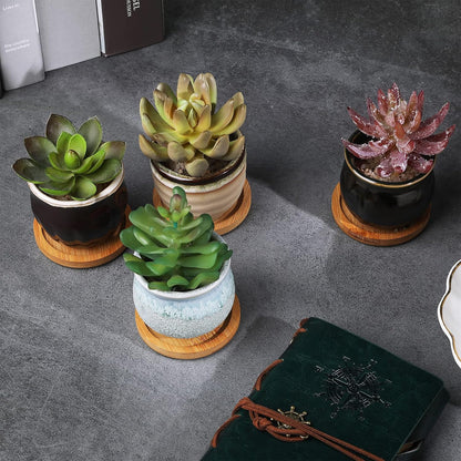 Remerry 24 Pcs Ceramic Succulent Pots 2.5 Inch with Drainage Bamboo Tray