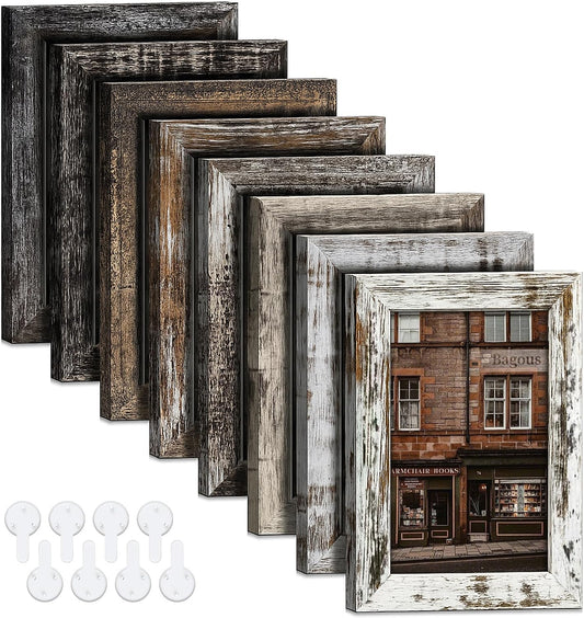 4x6 Picture Frames Set of 8, Vintage Rustic Farmhouse Industrial Style Photo Frames, High Definition Real Glass, for Tabletop or Wall Hanging