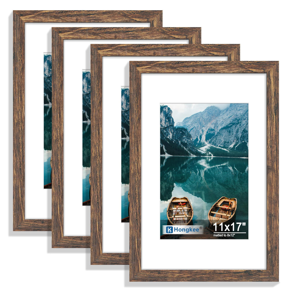 Hongkee 8x10 Picture Frame Set of 4, Real Glass and Wood Frame, 5x7 Mat