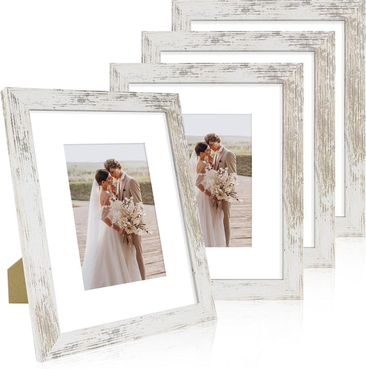 Hongkee 8x10 Picture Frame Set of 4, Real Glass and Wood Frame, 5x7 Mat