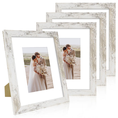 Hongkee 8x10 Picture Frame Set of 4, Real Glass and Wood Frame, 5x7 Mat