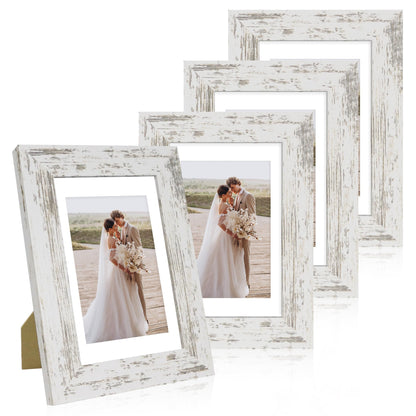 Hongkee 8x10 Picture Frame Set of 4, Real Glass and Wood Frame, 5x7 Mat