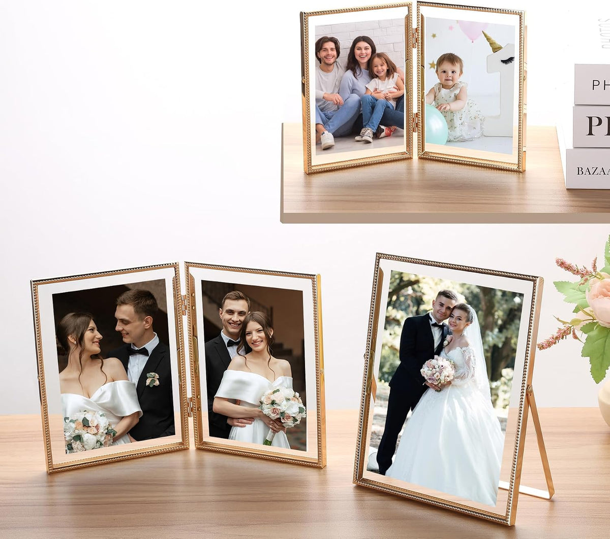Gold 5x7'' Floating Picture Frames 2Pack,for Photo Sizes(3.5x5&4x6),Beaded Metal Edge,Adjustable Tabletop/Shelf Display for Wedding,Home & Office Decor