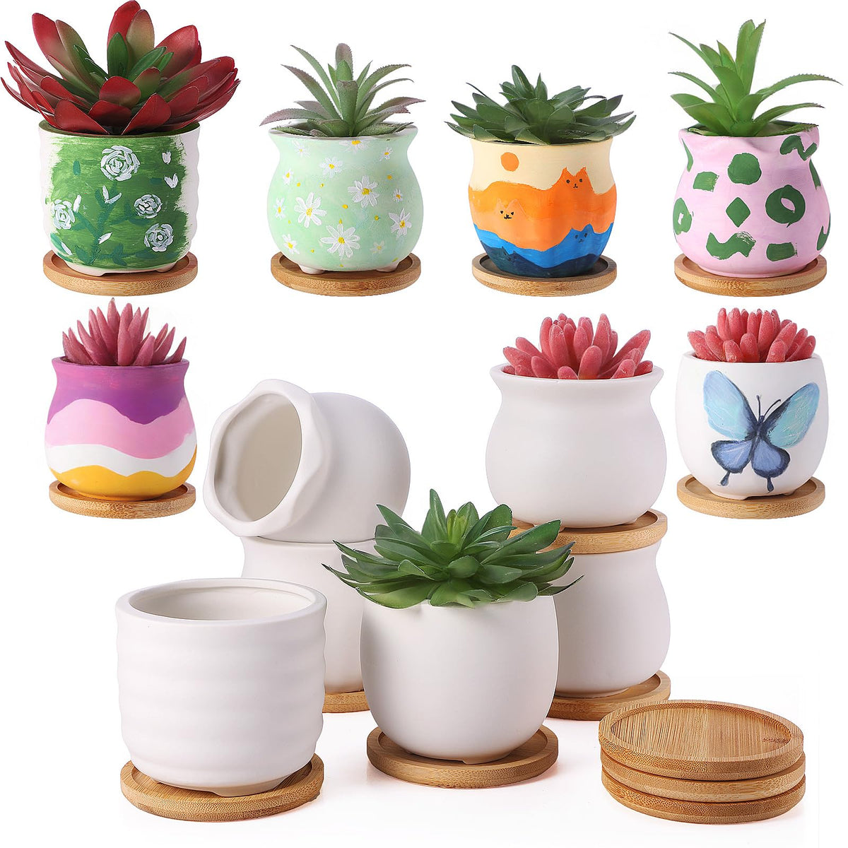 Remerry 12 Pcs 2.5 Inch Mini DIY Ceramic Succulent Pots with Bamboo Tray