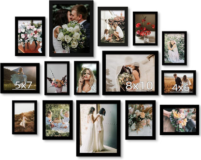 BESCRCL 15 Pack Real Glass Picture Frames Collage Wall Decor, Including 3pcs 8x10, 6pcs 5x7, 6pcs 4x6 Photo Frames for Gallery Wall or Tabletop Display, Black
