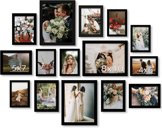 BESCRCL 15 Pack Real Glass Picture Frames Collage Wall Decor, Including 3pcs 8x10, 6pcs 5x7, 6pcs 4x6 Photo Frames for Gallery Wall or Tabletop Display, Black